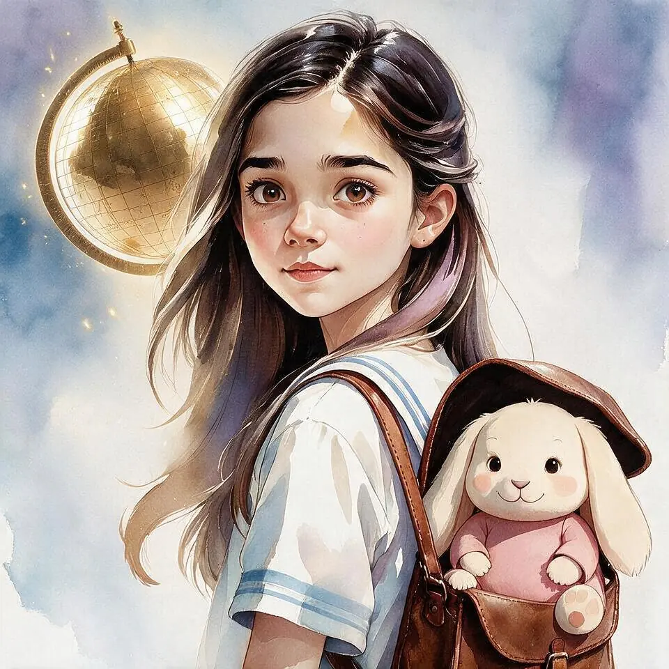Ava, a girl with long brown hair, carrying a leather satchel with Cocco the stuffed rabbit peeking out. A golden globe glows in the air beside her.